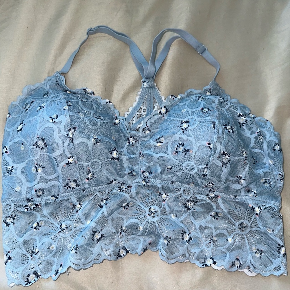A blue floral bralette with padding